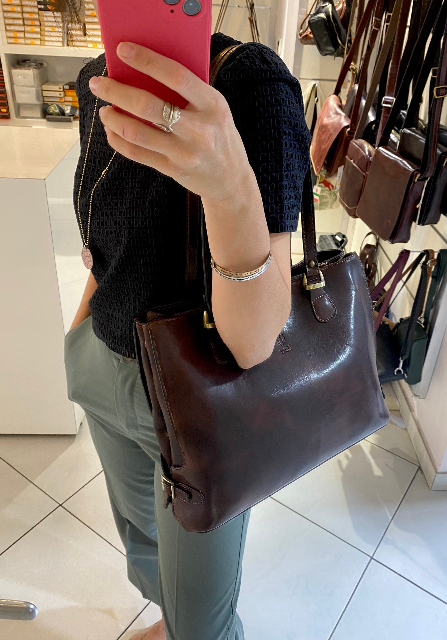 Borsa due manici in vero cuoio